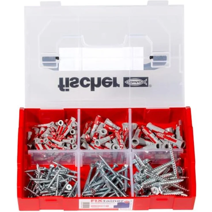 fischer FIXtainer DUOPOWER mit Schraube, Dübelbox mit 210 Dübeln & Schrauben (60 Stk 6x30, 30 Stk 8x40, 15 Stk 10x50) Universaldübel, praktisches Dübelset, Werkzeugkiste mit Tragegriff & Klicksystem - Preisvergleich – Bild 4