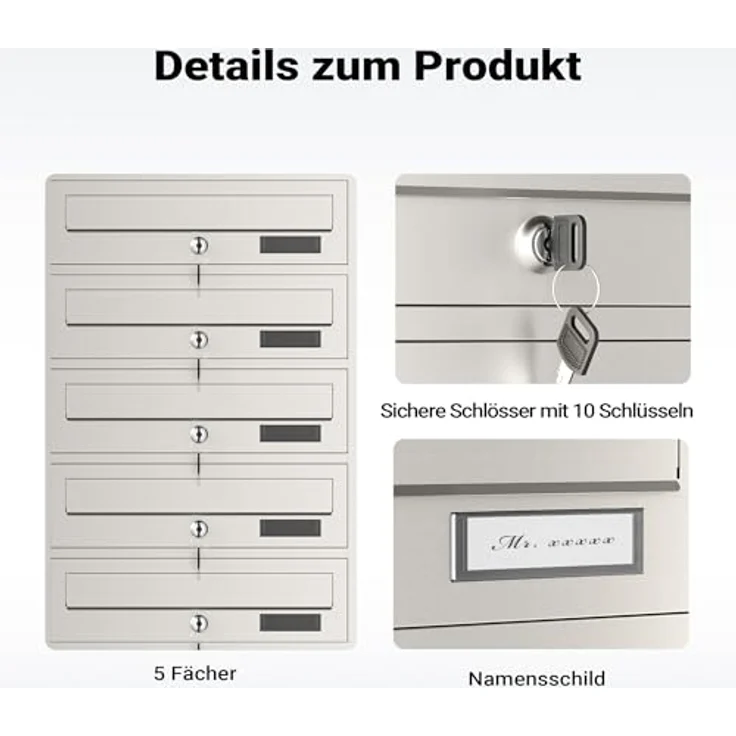 5er Briefkastenanlage Edelstahl Postfach 5 Brieffächer Standbriefkasten Postkasten – Bild 8