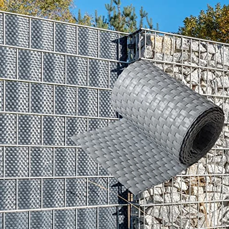 NYVI Privafence Polyrattan Sichtschutzstreifen, hellgrau, 255 x 19 cm, 10 Rollen (25,5 Meter), blickdicht, wetterfest, für Doppelstabmatten-Zaun – Bild 1