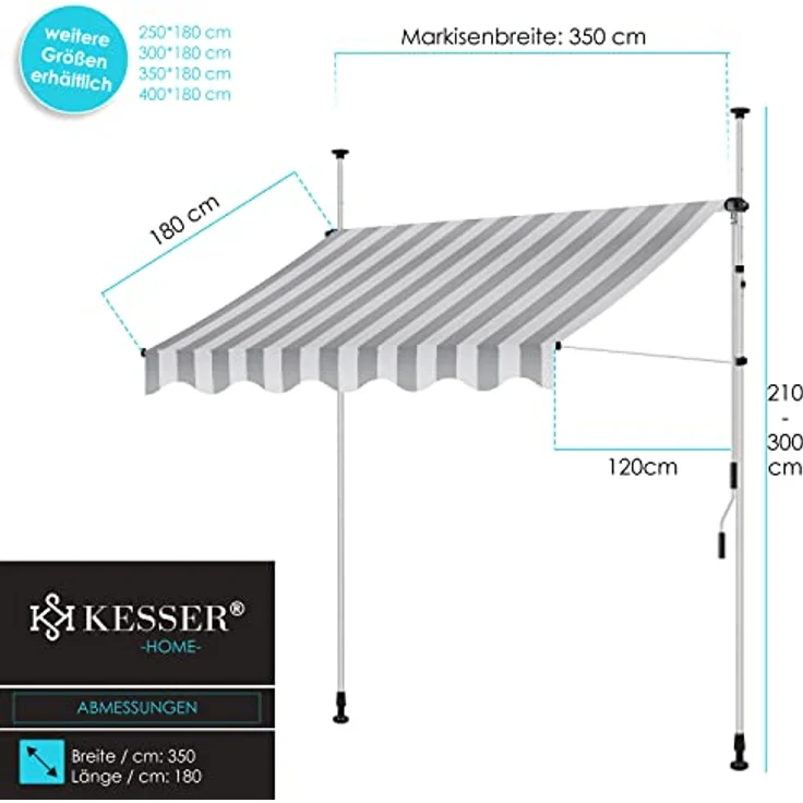 KESSER Klemmmarkise mit Handkurbel Balkon, Balkonmarkise ohne Bohren, UV-beständig höhenverstellbar wasserabweisend , Sonnenschutz, Terrassenüberdachung , einfache Montage 350cm, Weiß-Grau – Bild 7