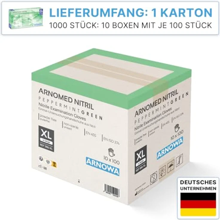 ARNOMED 1000 Stk Einweghandschuhe Grün, Nitril Einmalhandschuhe XL, puderfrei, latexfrei, lebensmittelecht, dicker und reißfester Schutz – Bild 2