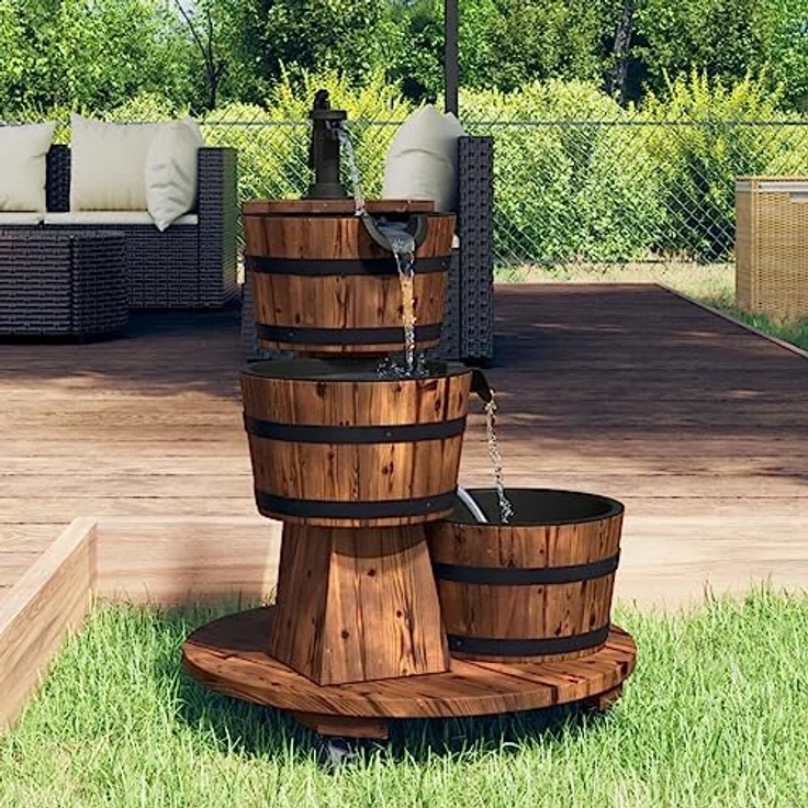 vidaXL Gartenbrunnen, Wasserbrunnen aus massivem Tannenholz mit Pumpe und Rollen, 55x55x80 cm, rustikale Optik – Bild 2