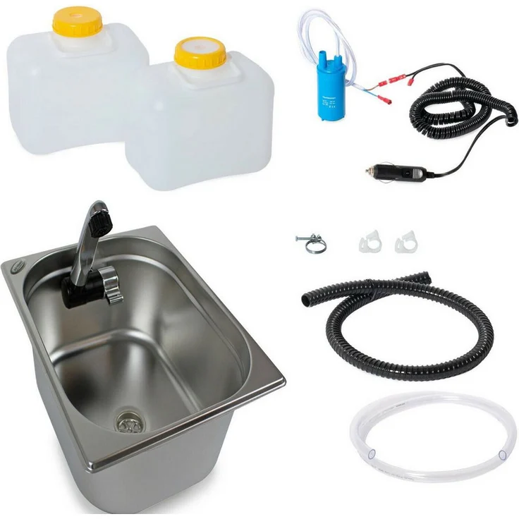 ad-ideen Camping Waschbecken 12V Technikset für Vito und Ford Bulli, Edelstahl mit 10L Wasserkanistern und 12V Wasserhahn