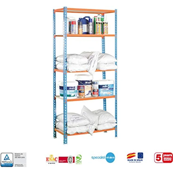 Simonrack Maderclick Mini Metallregal, 180 x 80 x 40 cm, 5 Böden, Traglast 150 kg/Boden, blau/orange, steckbar – Bild 8