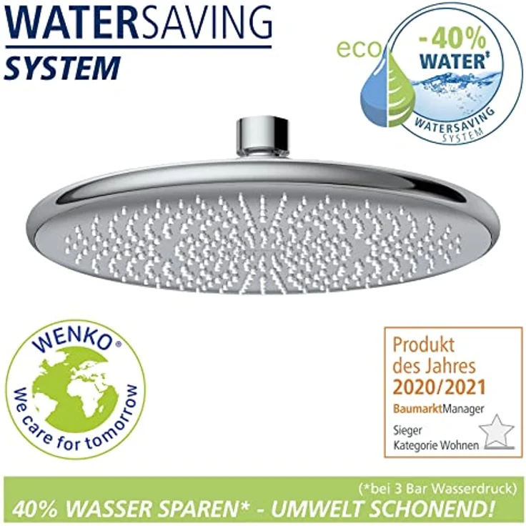 WENKO Wasserspar Regenduschkopf Watersaving, Universal-Kopfbrause mit nachhaltigem Wasserspar-System, 40% Wasser sparen bei vollem Komfort, Duschkopf Ø 22,5 cm, Edelstahl/Messing/ABS Chrom – Bild 2