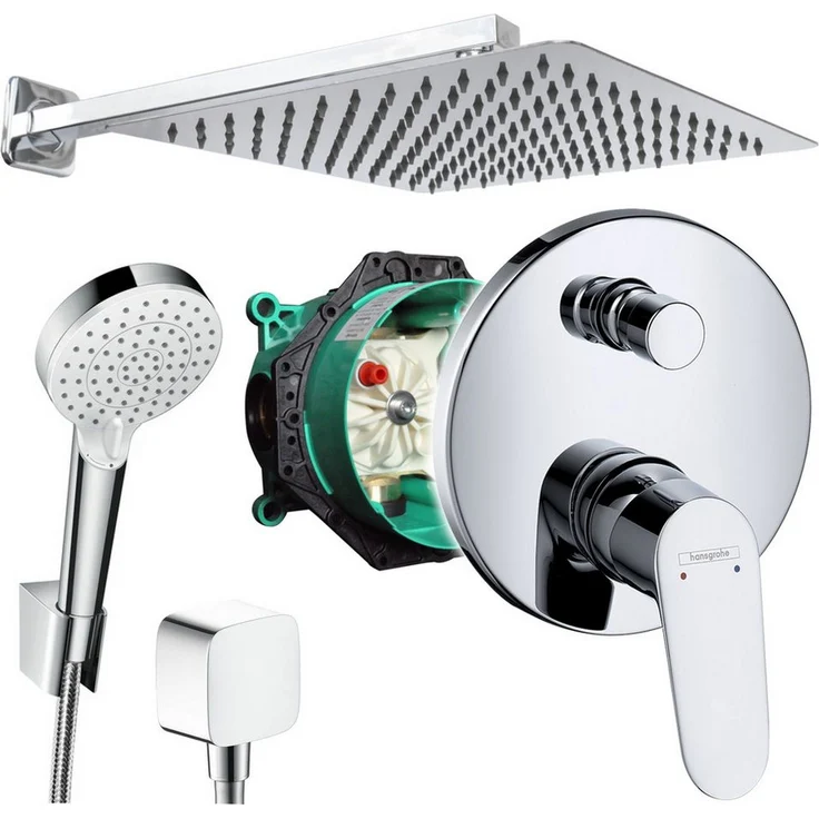 Hansgrohe Focus Unterputz Duschsystem mit Kopfbrause, quadratische Metall-Kopfbrause 250/300/360mm, polierter Edelstahl