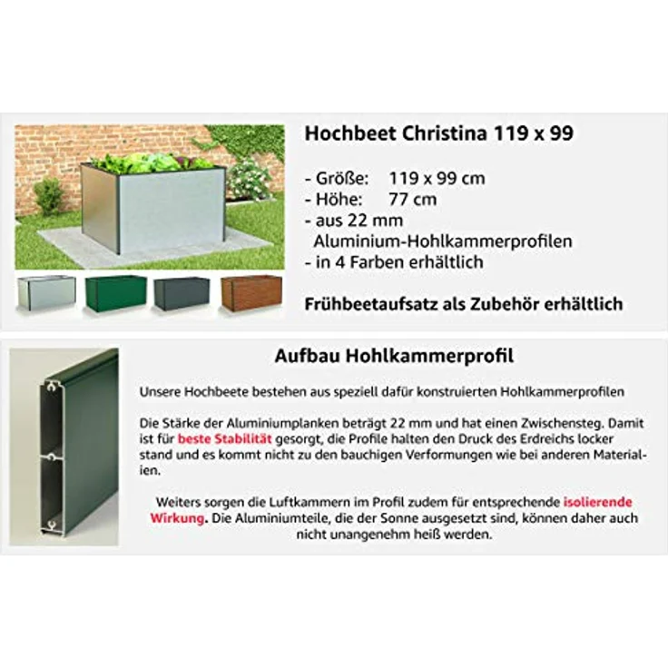 GFP Hochbeet Kräuter-Gemüse-Beet Aluminium Christina - 119x99x77cm formstabil und witterungsbeständig mit Aluminium-Hohlkammerprofilen - Made in Austria – Bild 2