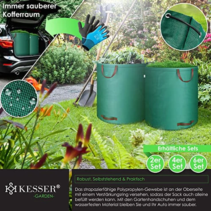 KESSER® Gartensack Set 6X 500L, selbststehend, stabil und faltbar, grün, inkl. Handschuhe, ideal für Gartenabfälle und Grünschnitt – Bild 4
