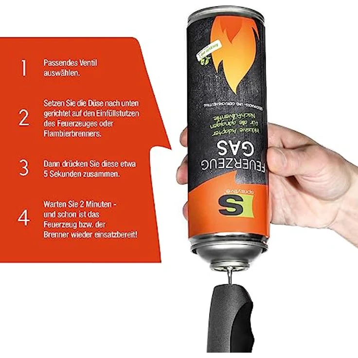Spraytive 6x 500ml XXL Butangas für Flambierbrenner & Feuerzeuge, inkl. Adapter zum Nachfüllen, geruchs- und geschmacksneutral, made in Germany – Bild 4