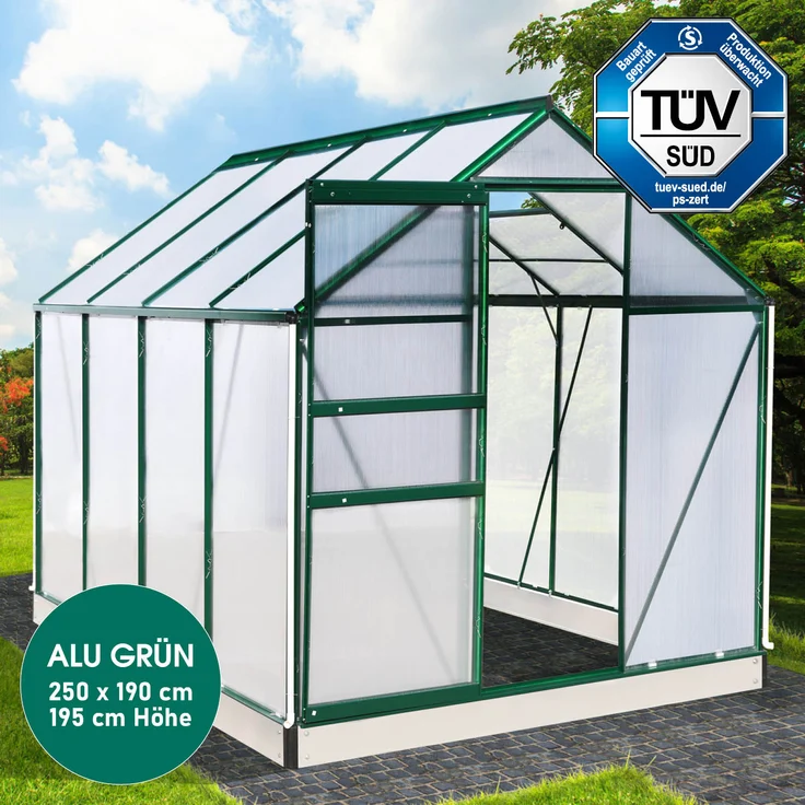 BRAST Gewächshaus Aluminium 250x190x195cm Grün mit Fundament rostfrei TÜV geprüft Alu Treibhaus Glashaus Tomatenhaus – Bild 2