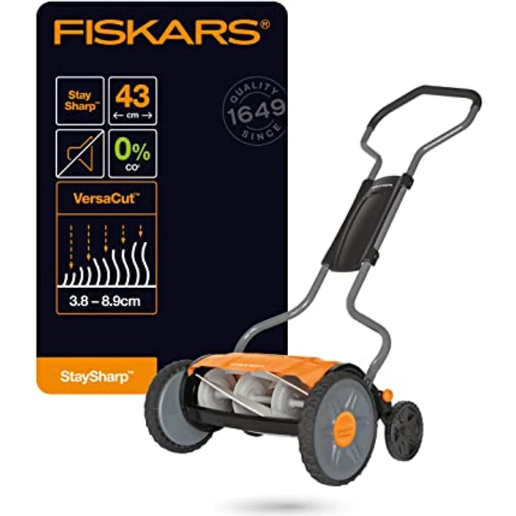 Fiskars Spindelmäher, Rasenmäher mit berührungslosem Schneidesystem, Schnittbreite: 43 cm, StaySharp Plus, Schwarz-Orange-Silber, 1015649 – Bild 4