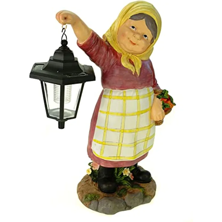 Kremers Schatzkiste Oma Edeltraud mit Solarlaterne und Korb Figur Gartenfigur 38 cm Garten Ältere Dame