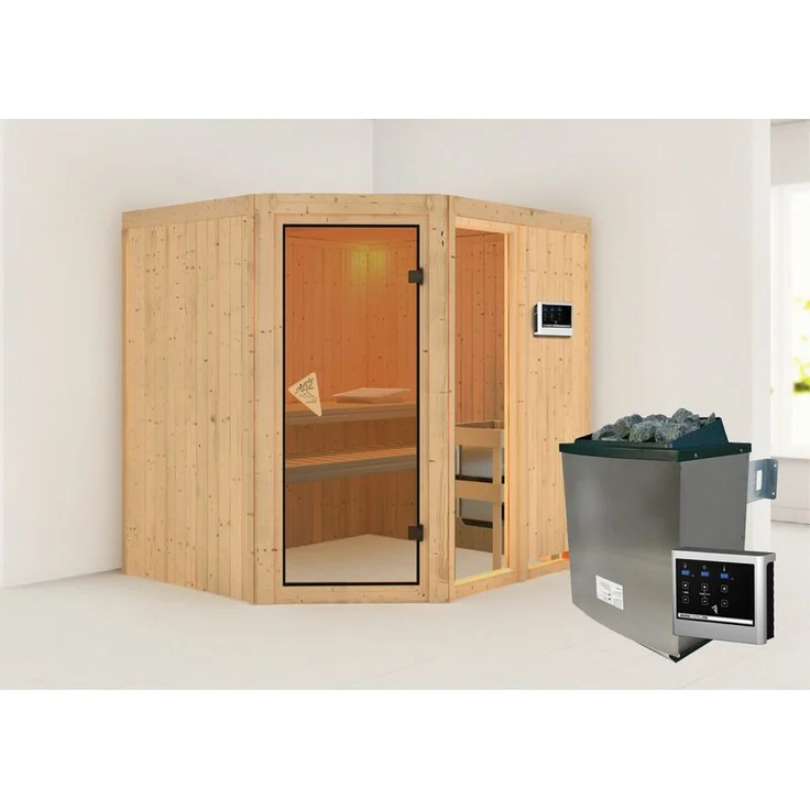 Karibu Sauna Fiona 2 mit Kranz Set mit Ofen 9 kW Edelstahl, externe Steuerung Easy – Bild 5