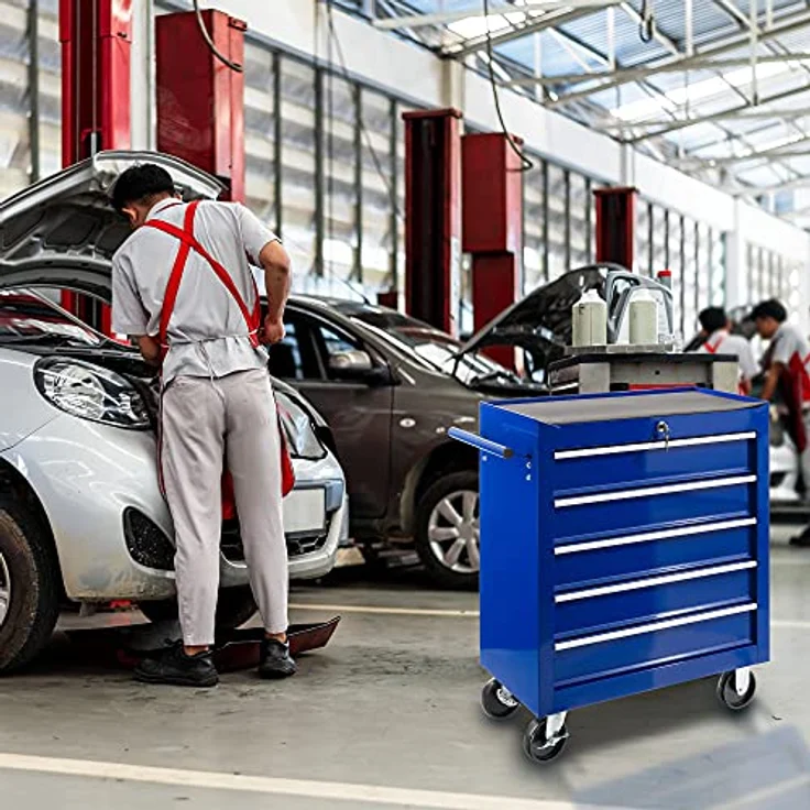 Werkstattwagen Werkzeugwagen Rollwagen Toolbox 5 Schubladen kugelgelagert - Blau - Arebos – Bild 7