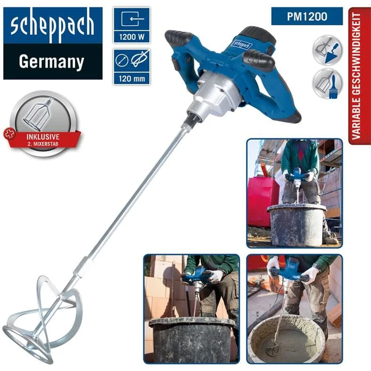 Scheppach Rührwerk PM1200 Handrührwerk | 1200W Leistung | Stablänge 550mm | Rührkorb-Ø 120mm | Drehzahlregulierung | Rühreraufnahme M14 | inkl. Farb- und Mörtelrührer – Bild 7