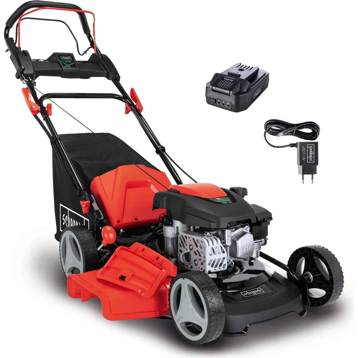 Scheppach MS150-46E Benzin Rasenmäher mit E-Start | 46cm Schnittbreite | Reinigungsfunktion | 55 Liter Fangkorb | Stahlgehäuse | 7-stufige Höhenverstellung | Mulchfunktion | Radantrieb | Seitenauswurf – Bild 1