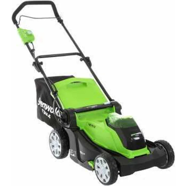 Greenworks Akku-Rasenmäher G40LM41 (Li-Ion 40V 41cm Schnittbreite bis 600m² Mähfläche 2in1 Mulchen und Mähen 50l Grasfangkorb 5-fache zentrale Schnitthöhenverstellung ohne Akku und Ladegerät)