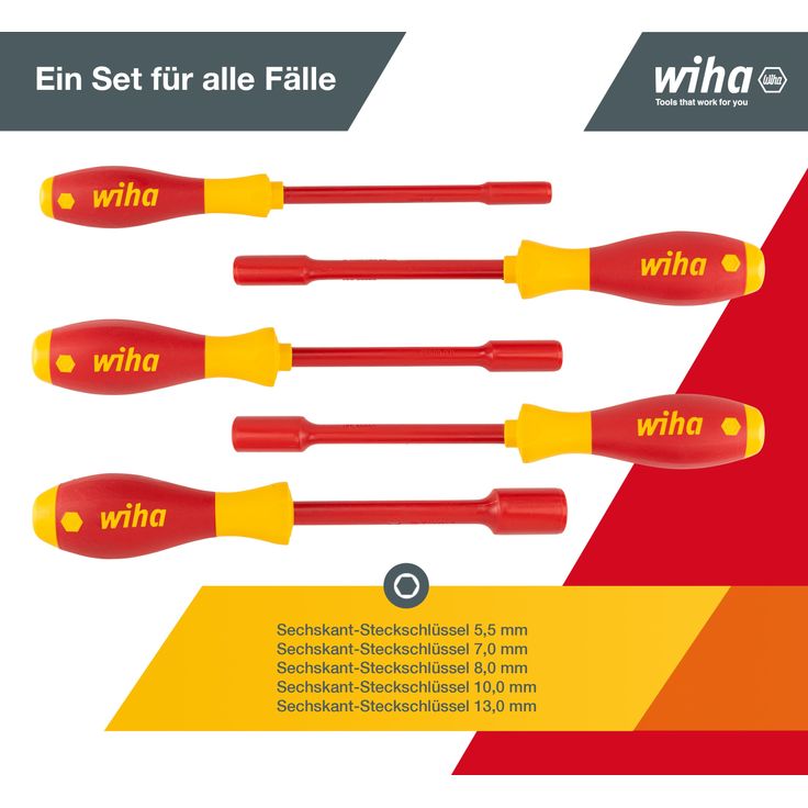 Wiha Steckschlüssel Schraubendreher Set SoftFinish® electric (29466) 5 tlg. I für Außensechskantschrauben I 5,5mm 7mm 8mm 10mm 13mm I für Elektriker – Bild 5