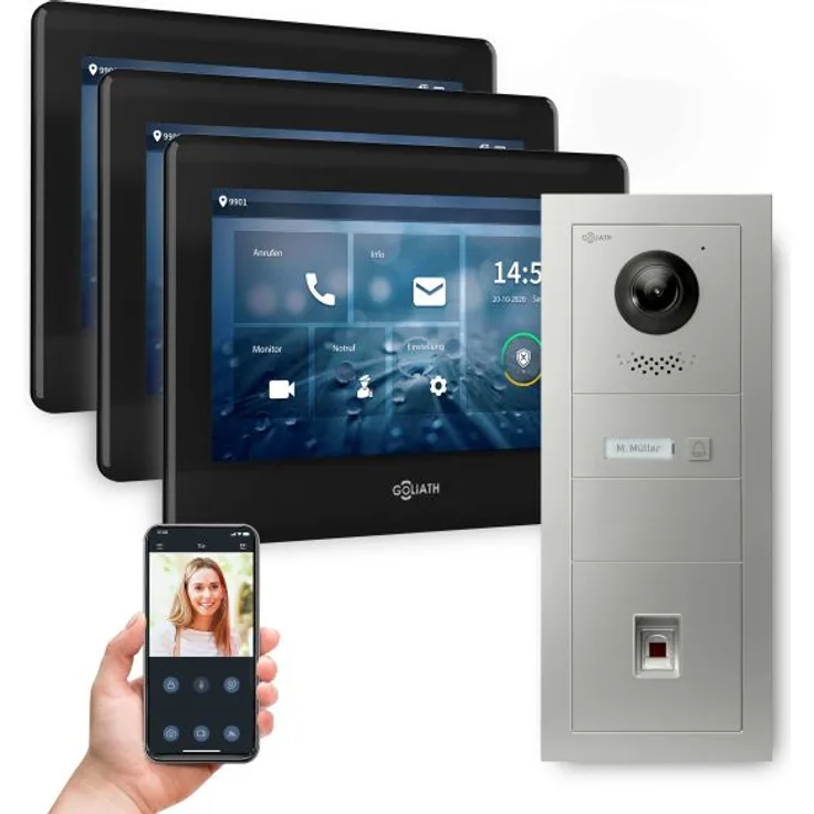 GOLIATH 2-Draht modulare Video Türsprechanlage Unterputz Set für 1 Familienhaus Silber 3x 7 Schwarz + Fingerprint Modul