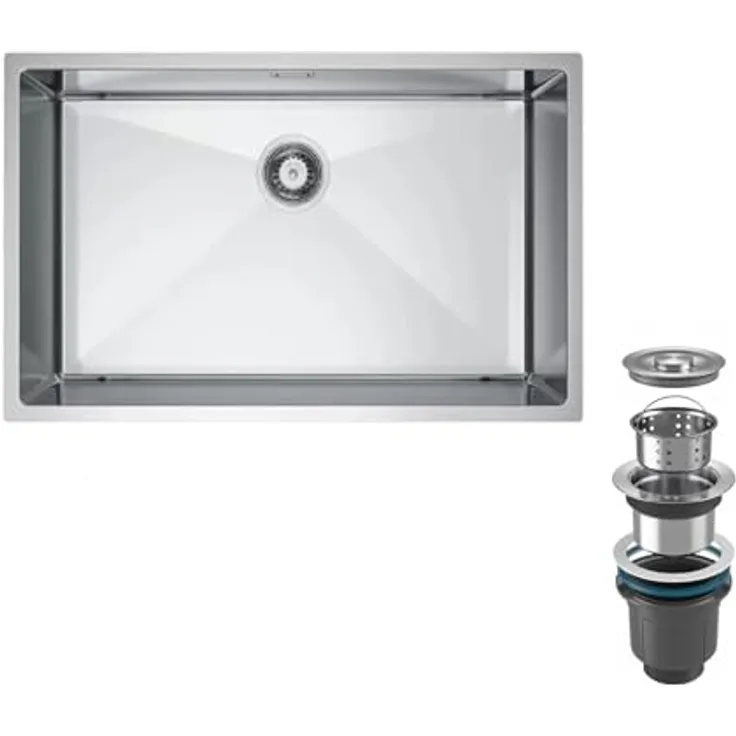 QLS Spülbecken SANTA, Edelstahl Unterbau, 74x44 cm mit Siphon INOX, gebürstete Satin-Optik, hitzebeständig