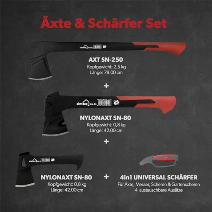 siwitec Axt Bundle mit SN-80 Universalaxt und SN-250 Spaltaxt, inkl. Schutz und optionalem 4-in-1 Schärfer, (Packung, wahlweise mit oder ohne Messerschärfer erhältlich) – Bild 2