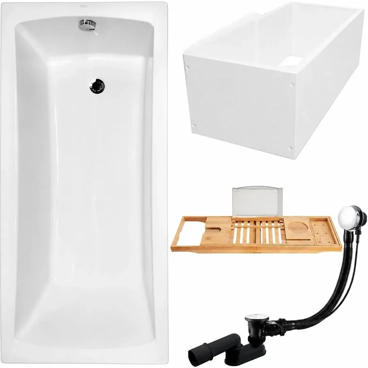 KOLMAN Badewanne OPTIMAZ, rechteckig 150 x 70 cm mit Wannenträger, Bambus Badewannenablage, inkl. Ablauf und Füße, schneeweiß