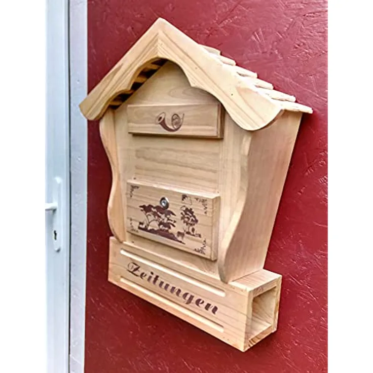 Darlux Spitzdach Holzbriefkasten Postkasten mit Zeitungsfach Natur
