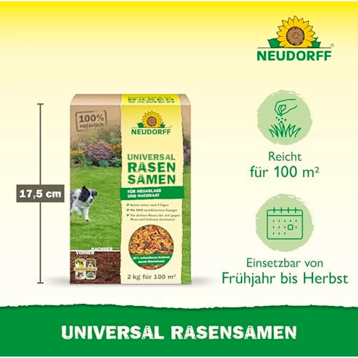 Neudorff UniversalRasenSamen, Hochwertige Rasensamen-Mischung für Neuanlage und Nachsaat, schnellkeimend in 5 Tagen, 2 kg, Braun – Bild 3