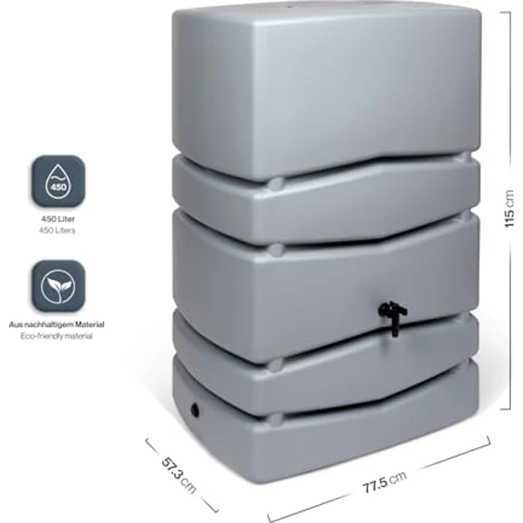 Kreher Aqua Tower XXL Wassertonne mit Wasserhahn, 450 Liter Nutzungsvolumen, Grau – Bild 3