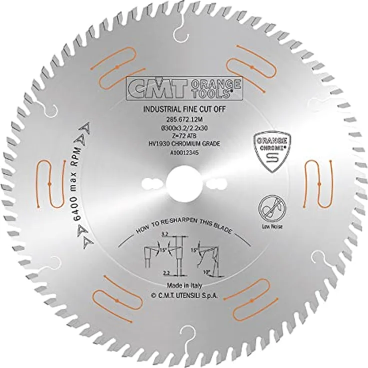 CMT ORANGE TOOLS KREISSÄGEBLATT AUS CHROM 300X3.2/2.2X30 Z=72 10° ATB für 30 mm Dorn, geeignet für Weich-/Hartholz und Sperrholz, für industrielle Tischler
