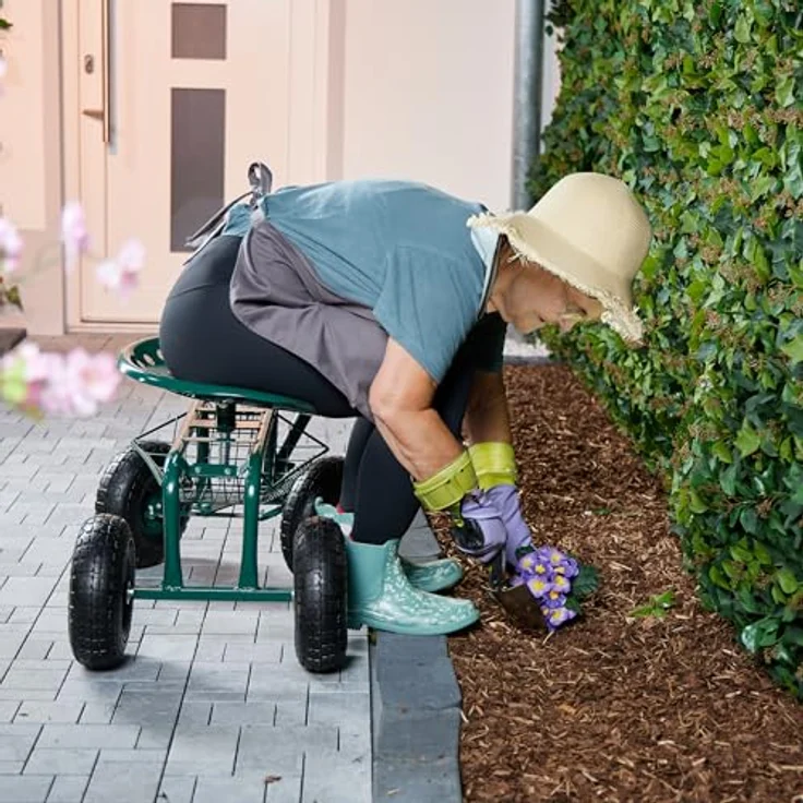 Relaxdays fahrbarer Gartensitz mit Stauraum, höhenverstellbar 40-49 cm, belastbar bis 150 kg, grün, mit Lufträdern für Gartenarbeit – Bild 2