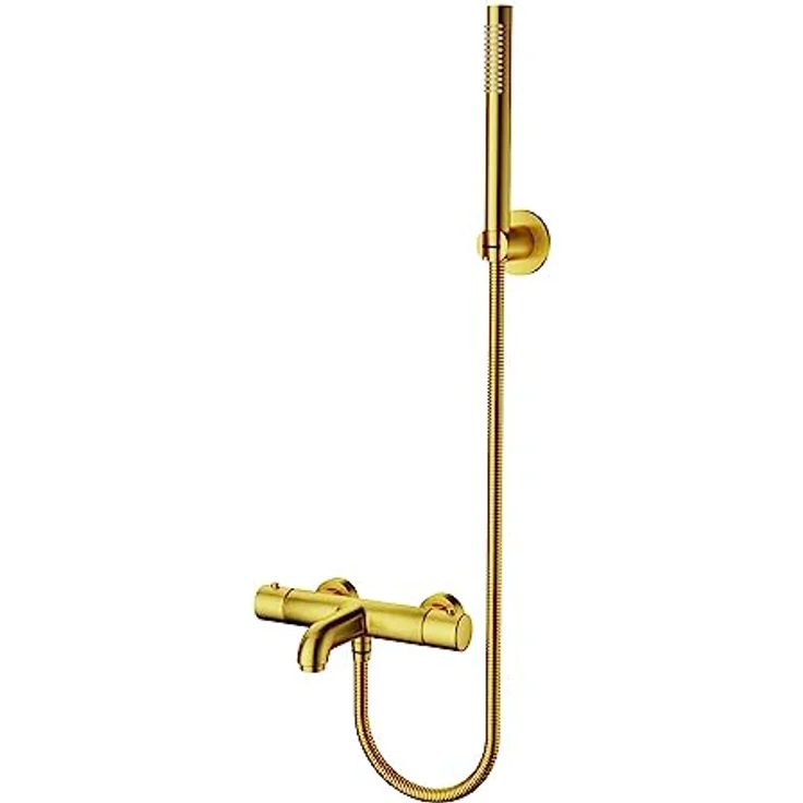 ALONI Wannenarmatur mit Thermostat und Handbrause, Gold gebürstet, hochwertige Messingausführung, schlanker Handbrause-Design, 150 cm Schlauchlänge – Bild 1