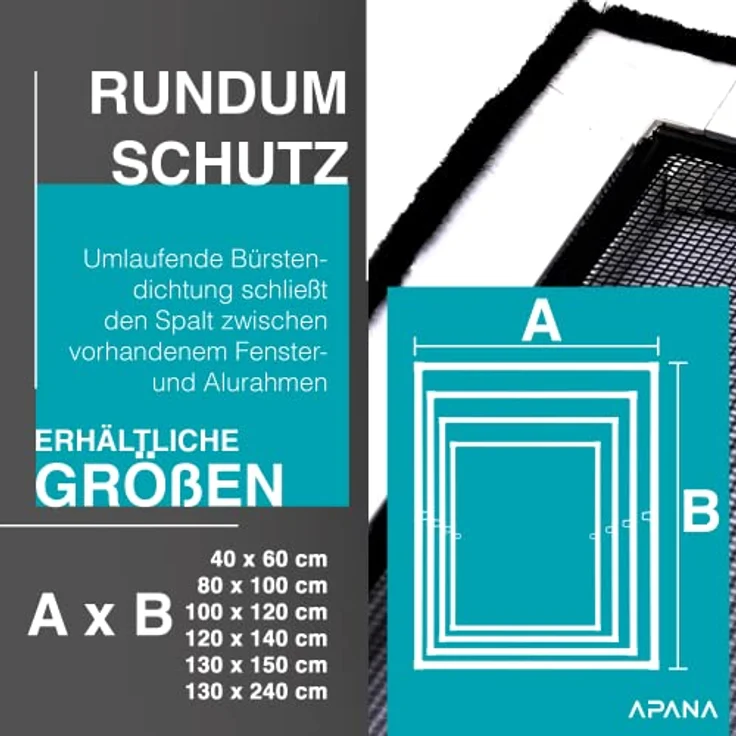 APANA - Fenster Fliegengitter mit Alurahmen & strapazierfähigem Fiberglasgewebe - Insektenschutz Fenster mit umlaufender Bürstendichtung - Fliegennetz Fenster Montage ohne Bohren (40x60cm | Anthrazit) – Bild 4