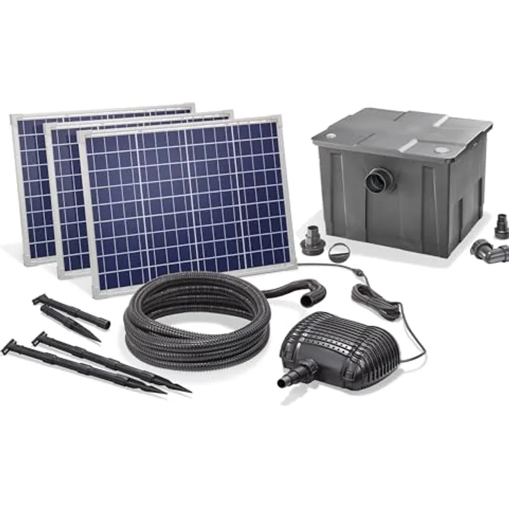 Esotec Solar Teichfilterset Premium 150/5000, Teichfilter Komplettset mit Pumpe 5000 l/h, 150W, mehrere Programm-Modi, max. Förderhöhe 2,5m, wasserdicht IP68