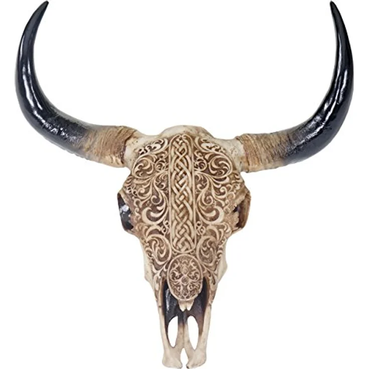 Deko Schädel 45cm, Polyresin Stier Bulle Longhorn Kopf Trophäe mit Tribal, In--Outdoor – Bild 2