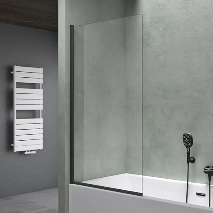 Mai & Mai Duschwand Cortona201, Badewannenaufsatz mit 6mm ESG-Sicherheitsglas und NANO-Versiegelung, 80x140cm, Schwarz, schwenkbar – Bild 1
