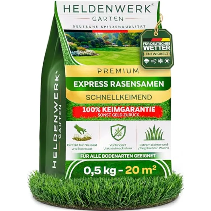 HELDENWERK® Rasensamen schnellkeimend 0,5kg für 20m² - 100% Keimgarantie, robust für alle Bodenarten, ideal für Nachsaat und Neusaat, Sport- & Spielrasen