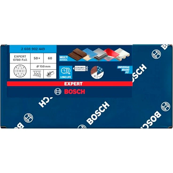 Bosch 50x EXPERT O780 Folienschleifscheibe, 150 mm für Hartholz, Farbe auf Holz, Körnung 60, Ø 150 mm, Professional Zubehör Exzenterschleifer – Bild 2