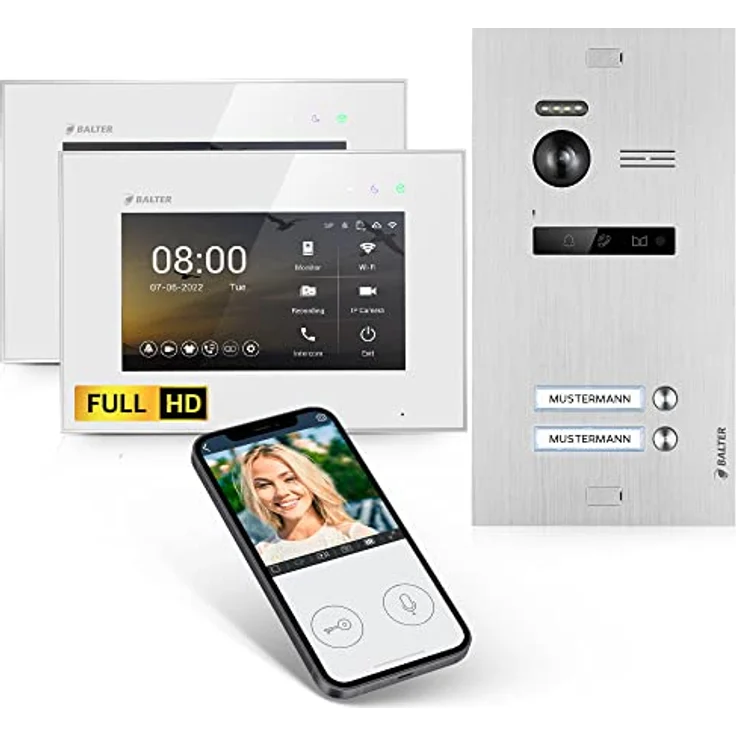 Balter EVO HD Video-Türsprechanlage, Komplettset für 2-Familienhaus, 2 x 7 Zoll Monitor, Full HD Kamera mit WLAN und Interkom, Schwarz – Bild 1