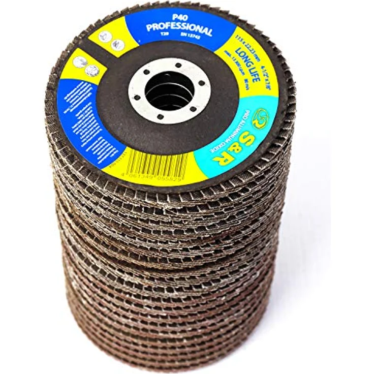 S&R Fächerschleifer Set 20 St., 115 x 22,23 mm, PRO ALUMINIUM OXID, T29, Fächerschleifscheiben, Lamellenschleifer, Schruppscheiben für Holz und Metall, je 5x Körnung P40/60/80/120, Aluminiumoxid-Schleifpapier, vibrationsabsorbierend, 115mm, 22,23mm, 1318g – Bild 1