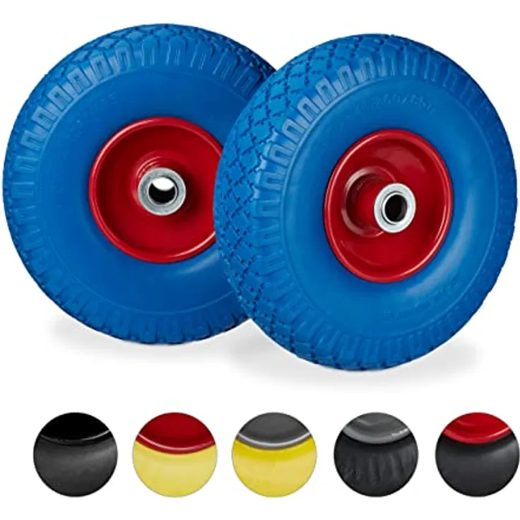 Relaxdays, blau-rot 2X Sackkarrenrad, pannensichere Vollgummireifen, 3.00-4" Stahlfelge, 20 mm Achse, 100kg, 260 x 85 mm, 10026069_959