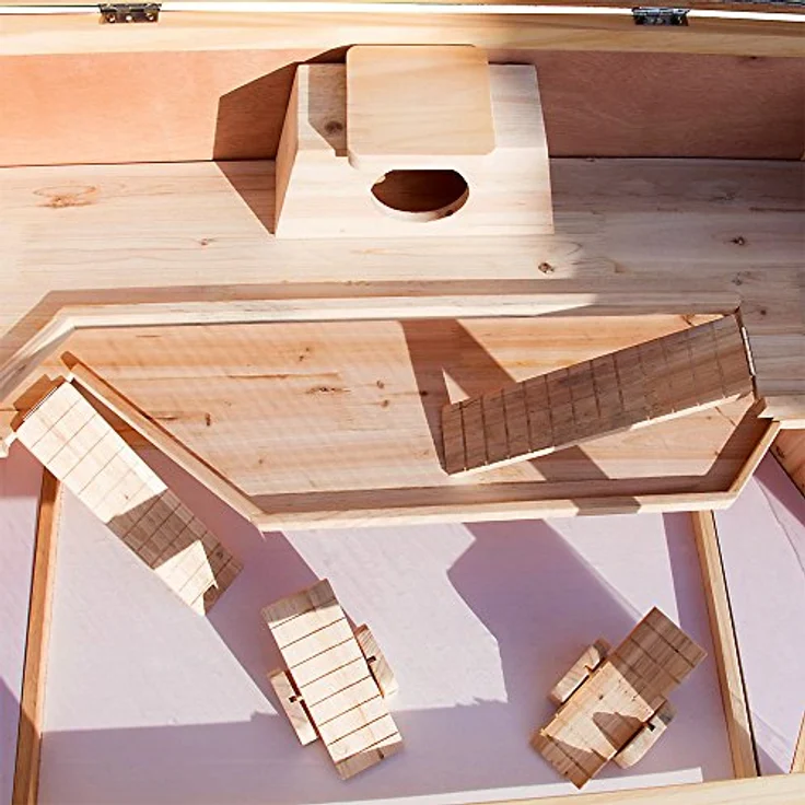 Wiltec XXL 3 Etagen Nagerkäfig, 6-eckig, aus Holz, mit klappbarem Deckel & Sichtfenster, Mäusekäfig Hamsterkäfig – Bild 4