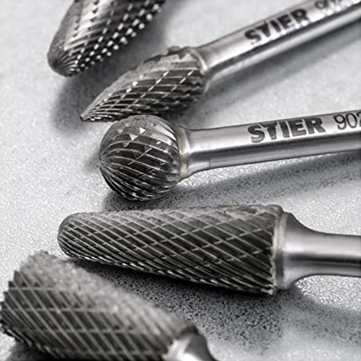 STIER Frässtifte-Set 10-teilig, 6 mm Schaftdurchmesser, Fräsformen: Zylinder Stirnverzahnung Walzenrundform Oval Tropfen Spitzbogen, hohe Schnittgeschwindigkeit 840 m/min – Bild 3