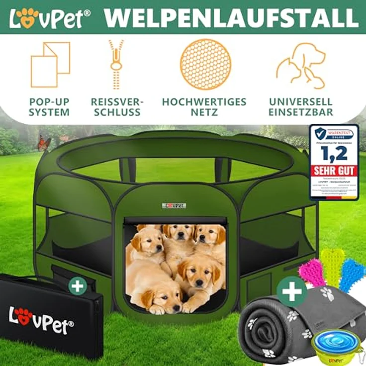 Lovpet® Welpenlaufstall, Faltbar für Kleintiere, 125 cm Durchmesser, inkl. Hundenapf und Fleece Decke, Oxfordgewebe, Pop-up System, Indoor & Outdoor, Khaki – Bild 2