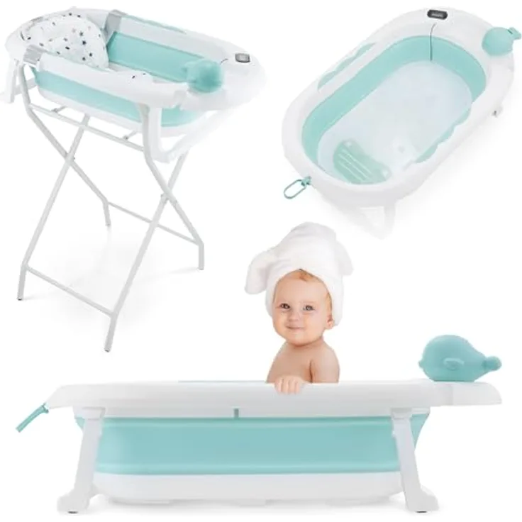 Moby-System Faltbare Babybadewanne mit Thermometer und Ständer, ergonomisch, mint