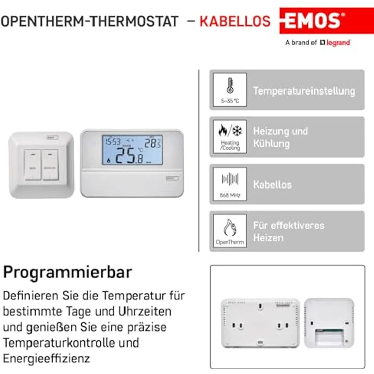 EMOS Funk-Raumthermostat, programmierbar mit OpenTherm-Unterstützung, Sender+Empfänger, 126 x 84 mm, Weiß – Bild 2