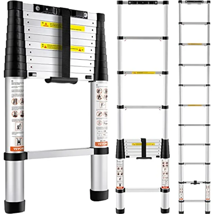 VEVOR 3,2m Teleskopleiter Rutschfester Klappleiter 48x9,5x76,5cm Stehleiter Ein-Knopf-Rückzug Mehrzweckleiter Aluminiumlegierung 170kg Belastbarkeit Ideal für Hausreparaturen Dekoration Wandanstrich