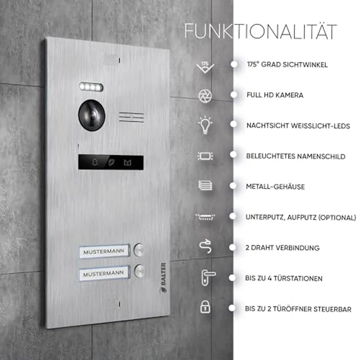 Balter EVO-HD Video Türsprechanlage, 2-Familienhaus Klingel mit 2x 7 Zoll HD Monitor, Full HD-Kamera, 175° Weitwinkel, 2 Draht Bus, Gegensprechanlage – Bild 2