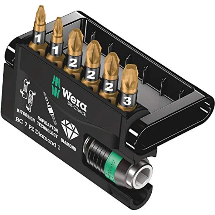 Wera Bit-Check 7 PZ Diamond 1, 7-teiliges Bit-Set mit diamantbeschichteten BiTorsion Kreuzschlitz Bits und Schnellwechselfutter – Bild 1