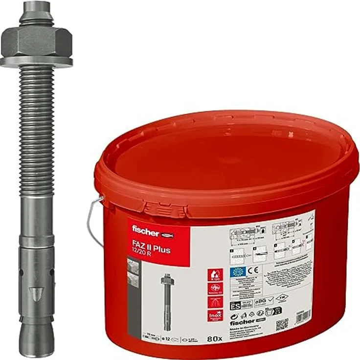 fischer Bolzenanker FAZ II Plus 12/20 R im Eimer, Schwerlastanker mit hoher Tragfähigkeit, Ankerbolzen für Befestigungen schwerer Lasten und Stahlkonstruktionen, Edelstahl, Seismik- & ETA-Zulassung